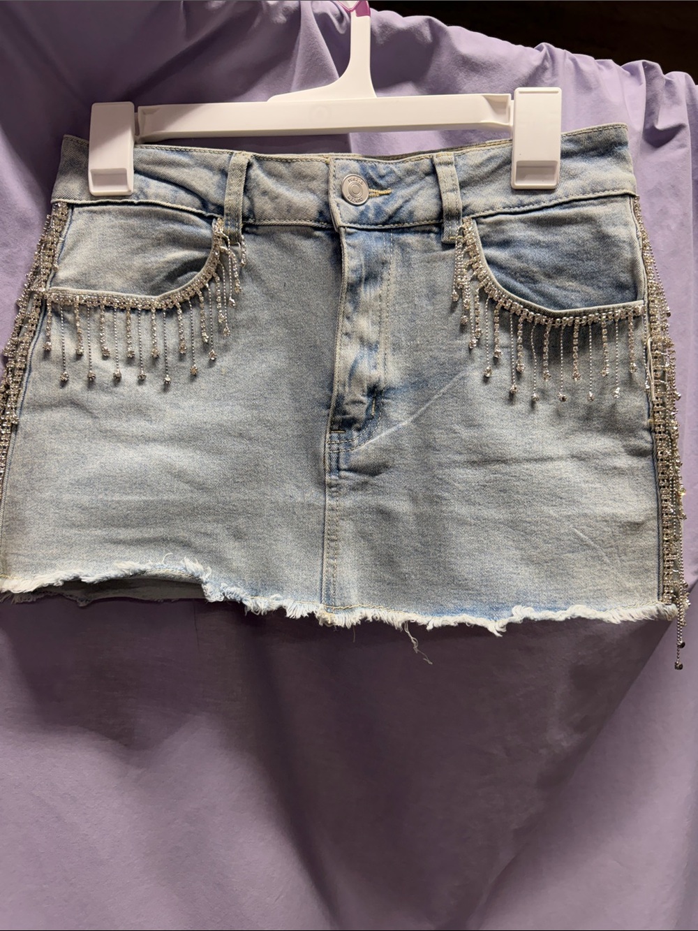 Light Wash Denim Mini Skirt with Rhinestone Fringe